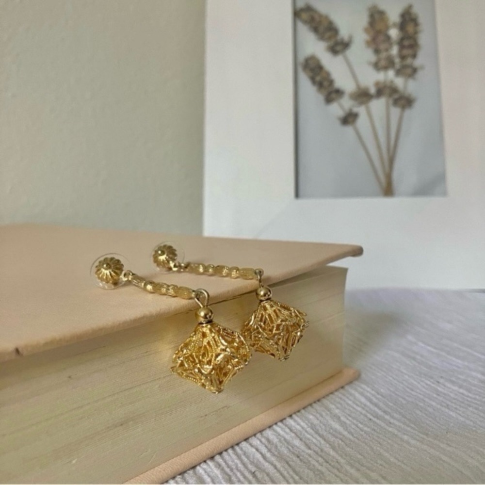 Gold Filigree Drop Earrings “Alexandria” Elegant Revival Gothic Edwardian Jewelr